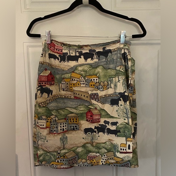 Vintage On the Verge Primitive Folk Western Cows Village Wrap Skirt -Made in USA - Picture 2 of 10